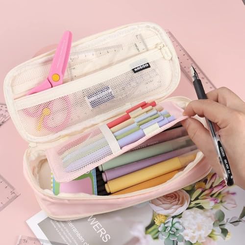 Image of Canvas School Bag Pencil Case, 3 Layer 6 Compartment Large Capacity, Aesthetic Pencil Pouch for Stationary, Cute Stationery for Kids, Pencil Case for Girls & Boys (Pink)