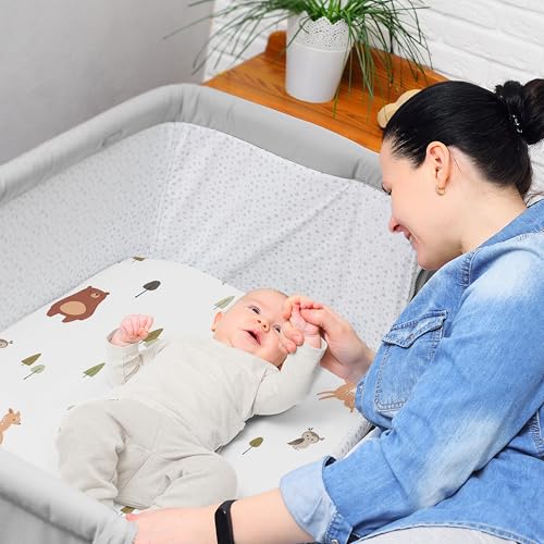 Image of Sweet Jojo Designs 2-Piece Baby Bassinet Sheets Set (Woodland Animals) for Girls & Boys, Infant Nursery, Toddler Room - Oval Rectangle Hourglass Mattress (Solid Green & Watercolor, Forest Friend, Fox)