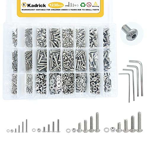 Image of Kadrick 304 Stainless Steel Screws,1230 Pcs M2 M3 M4 M5 Metric Screw Aassortment,4mm-20mm Hex Socket Button Head Cap Bolts Nuts Washers Kit with 4 Hex Wrenches