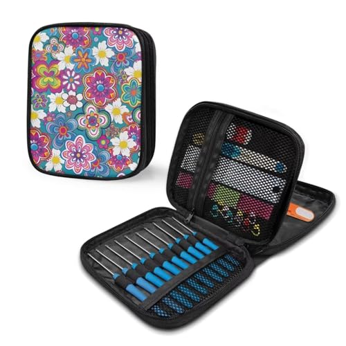Image of Boho Floral Crochet Hook Case with Web Pockets Knitting Needle Organizer - Portable Crochet & Knitting Storage for Hooks, Needles & Supplies
