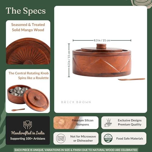Image of Brick Brown Roule Wooden Masala Box with Lid | Hand-Carved Spice Box Organizer with 7 Stainless Steel Containers & Wooden Spoon | Solid Wood Masala Dani Spice Storage Box for Kitchen (8.3x4.3 Inch)