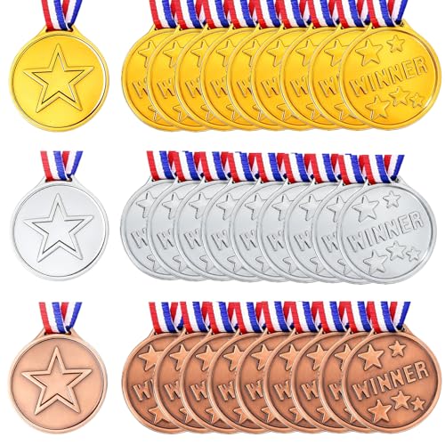 30 Piezas Medallas Niños, Medallas de Oro Medallas de Plata Medallas de Bronce con Cintas, Ganador Medallas, Medallas de Plástico Dorado para Cumpleaños Niños, Regalo de Fiesta de Festival, Día del De