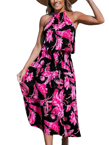 Image of CUPSHE Women's Midi Dress Halter Floral Sleeveless Belted Ruffled A Line Casual Summer Dress