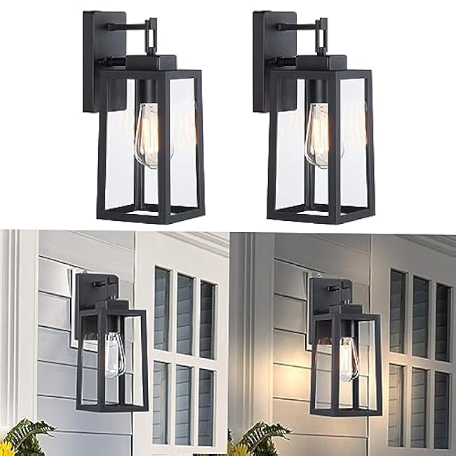2 Pack Outdoor Wall Light - 14 Inch Exterior Wall Sconce for House, Outdoor Black Wall Lantern for Garage&Patio Front Door, Outside Porch Light Fixture with Glass Shade