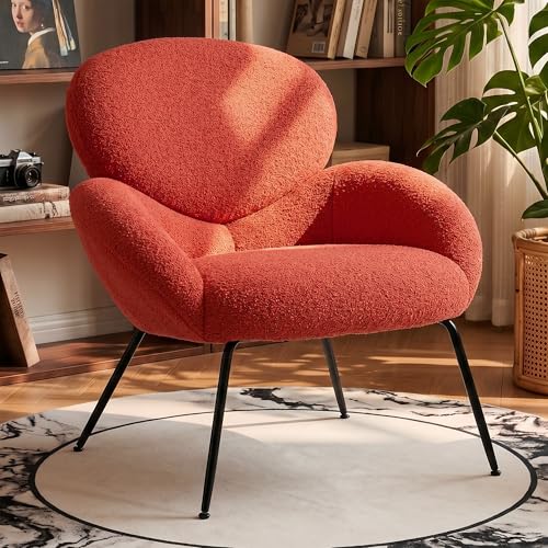 Image of Boucle Accent Chair w /Cloud Backrest for Small Space, Burnt Orange | Small Reading Chair with Soft Textured Boucle Fabric, Modern Style, Comfy Cloud Backrest for Living Room, Bedroom, Cafe