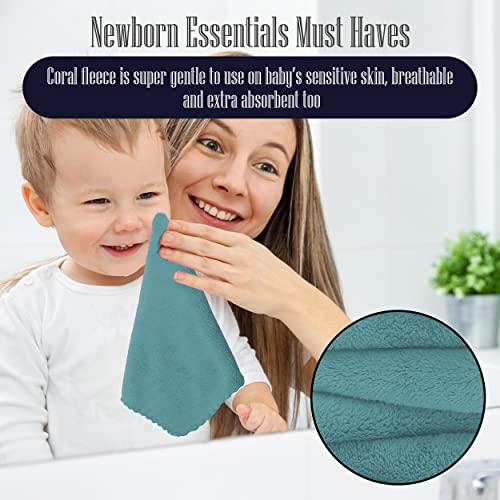 Image of 16 Pack Baby Washcloths - Luxury Coral Fleece - Extra Absorbent and Soft Wash Clothes for Newborns, Infants and Toddlers - Suitable for Sensitive Skin and New Born - Baby Shower - Teal, 10x10 Inch