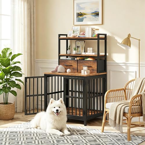 HIGDBFE Dog Crate Furniture with Drawer & Shelf, 25.5" Small Dog Crate with Lockable Doors, Indoor Dog Kennel Furniture for Medium, Small Dogs, Anti-Chew Dog Cage with Storage, Rustic Brown, 43.7" H by HIGDBFE - Image 5