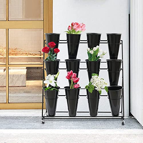 KEPMOGOH Soporte De Exhibición De Flores- Estantería De Soporte De Planta De Hierro con Ruedas, Estante De Maceta De 3 Niveles para Jardín Interior Al Aire Libre Balcón Patio Cover