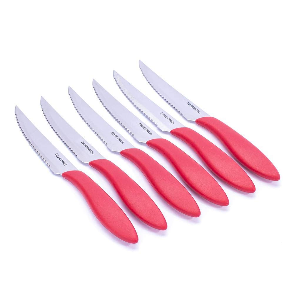Tescoma Presto Cuchillo Chuletero, Acero Inoxidable, Rojo, 29.5x12x3 cm, 6 Unidades