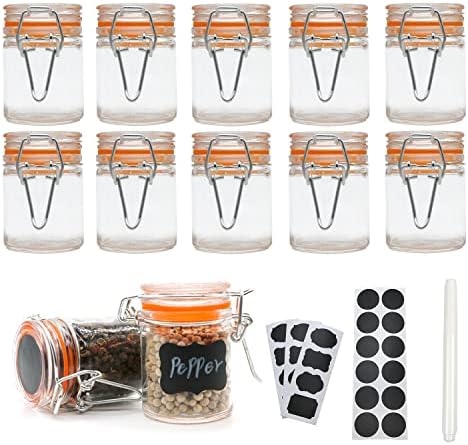 Homelike Style 1.7 oz Mini Glass Spice Jars with Labels, Small Stash Jars with Airtight Hinged Lid, 12 Pack Empty Spice Bottles with Rubber Gasket for Herb Tea Seasoning Storage