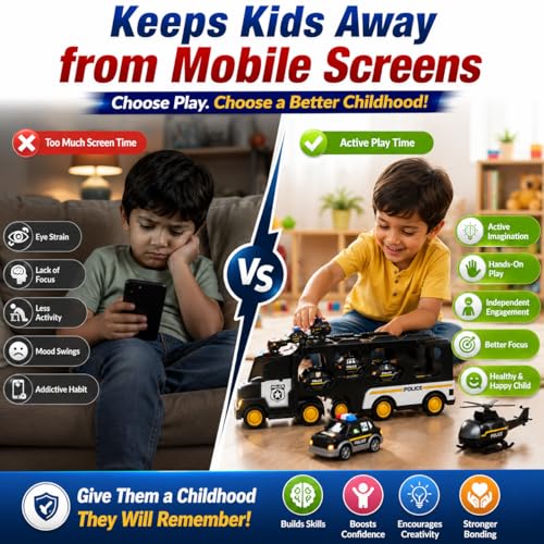 Image of Police Truck Toy for Kids, 5-in-1 Police Vehicle Set with Friction Powered Transport Truck, Mini Army Cars, Lights & Music, Educational Toy Gift for Boys & Girls Age 3+
