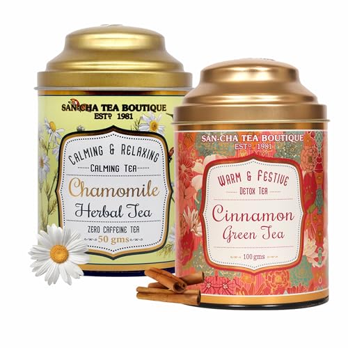 Image of Sancha Tea Boutique, Tea Combo Pack: Chamomile Herbal (50g) & Cinnamon Green (100g), Caffeine-Free Calming Tisane & Spiced Wellness Green Blend