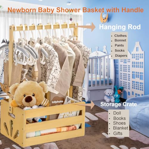 Image of Wooden Baby Shower Crate Closet, Newborn Baby Shower Basket with Handle for Pregnancy Announcement, Boys Girls Pregnancy Gifts for Baby Favors