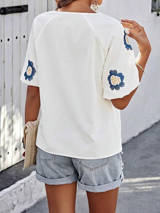 Mexican Embroidered Tops for Women Floral Short Sleeve Boho Tops Bow Tie V Neck Peasant Blouse Loose Summer Tops - Image 6