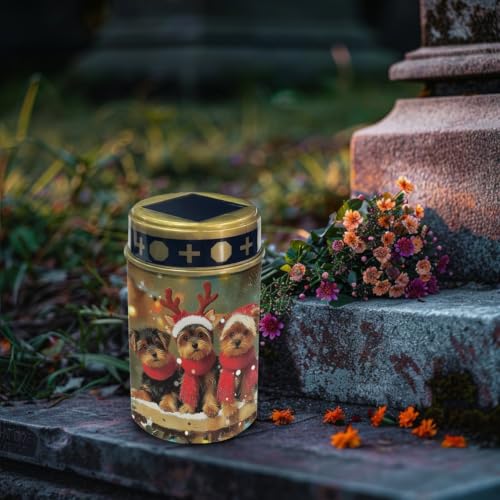 Image of Christmas Puppy Solar Flame Lights, 2 Pack | Xmas solar power outdoor candle, water resistant, led flameless candle for grave decoration, outdoor use