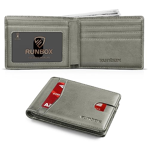 RUNBOX Wallet for Men Slim 8 Credit Card Holder Slots Leather RFID Blocking Small Thin Men's Wallet Bifold Minimalist Front Pocket Large Capacity Gift Box Grey