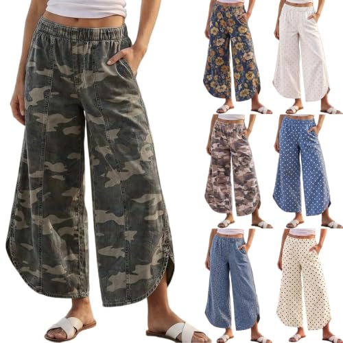 Women's Olive Camo Wide Leg Jeans, Elastic Waist Tulip Hem - image 1