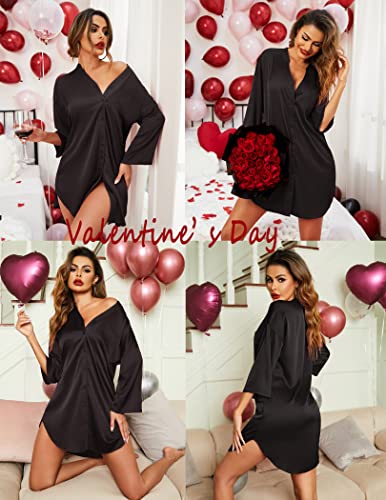 Ekouaer Satin Nightgowns for Women Silk Sleepwear Button Down Sleepshirt 3/4 Sleeve V-Neck Nightshirts with Pockets2