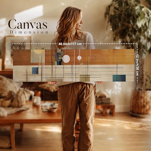 Image of Abstract Geometric Stretched Canvas Wall Art Painting for Living Room, Mid-Century Modern Linear Grid Canvas Wall Decor For Livingroom, Bedroom, Office, Hallway's, Hotel 12x46 Inch