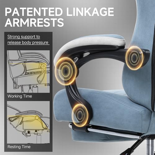 Sedia da gaming, ergonomica, da scrivania, con superficie in tessuto, cuscino a molla, braccioli di collegamento e poggiapiedi, Azzurro - Sedia gaming - Immagine 4