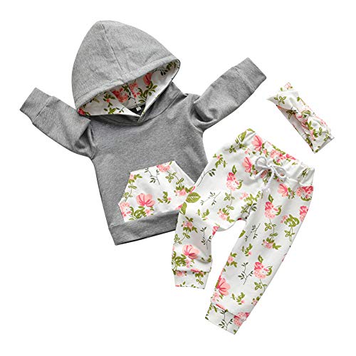 Image of Eghunooy Baby Girl Clothes Long Sleeve Floral Hoodie Sweatshirt Pants with Pocket Headband Outfit Sets