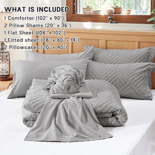Image of Zzlpp King Comforter Set 7 Pieces, Light Grey Tufted Bed in a Bag with Comforter and Sheets, All Season Boho Bedding Sets with Comforter, 2 Pillow Shams, 2 Pillowcases, 1 Flat Sheet, 1 Fitted Sheet