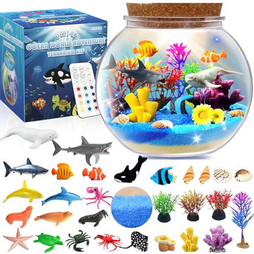 Ocean Light Up Terrarium Kit for Kids - LED Night Light Ocean Birthday Gifts for Girls & Boys Ages 4 5 6 7 8-12, Kids Arts & Crafts Kit, Easter Ideal Gifts