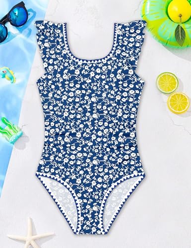 Image of Girls Swimsuit Ruffled Square Neck Color Contrast Trim One Piece Bathing Suit Geometric Girls' Swimwear 9-16Y
