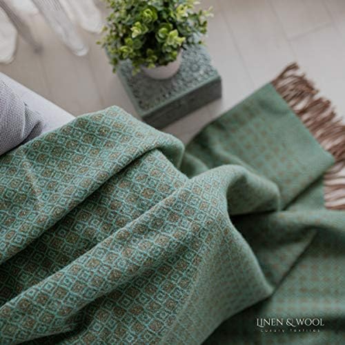 Linen & Cotton Soft and Beautiful Diamond Twill Wool Throw Blanket Paris - 100% New Zealand Lambswool, Brown Aqua Blue Turquoise (140 x 200 cm (55'' x 80'') Warm Plaid Bedspread Sofa Bed Couch Settee