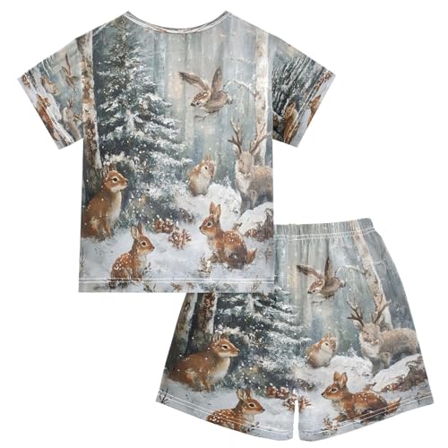 ALAZA Christmas Rabbit Bunny Deer Squirrel Pajamas Set Short Sleeve Cotton Sleepwear Summer Pjs 2 Piece 5-14Y2