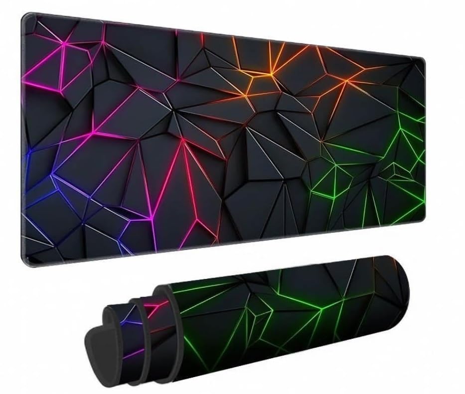 Image of Neon Polygon Design Extended Gaming Mouse Pad 800x300x2mm, Geometric RGB Pattern Desk Mat with Non-Slip Rubber Base, Keyboard & Mouse Pad for Gaming, PC, Laptop & Office(1-pcs)