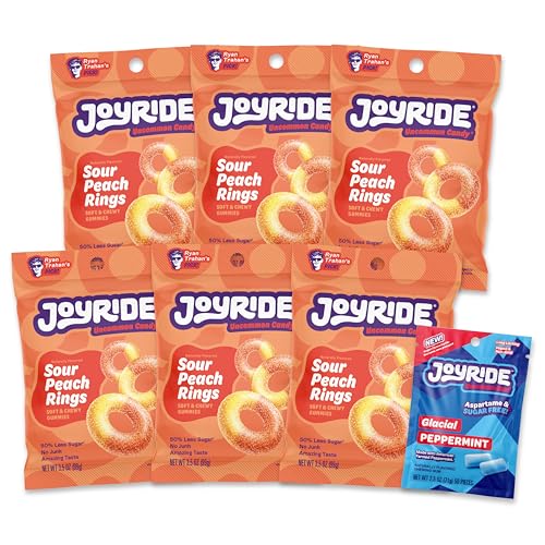 JOYRIDE Sour Peach Rings - Low Sugar Healthy Candy, 6-Pack Bundle