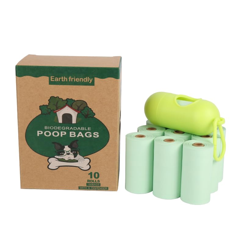 Dog Poo Bags with Dispenser, 150 Bags (10 Rolls), Strong Leak-Proof Pet Waste Bags, Biodegradable Eco-Friendly Cornstarch