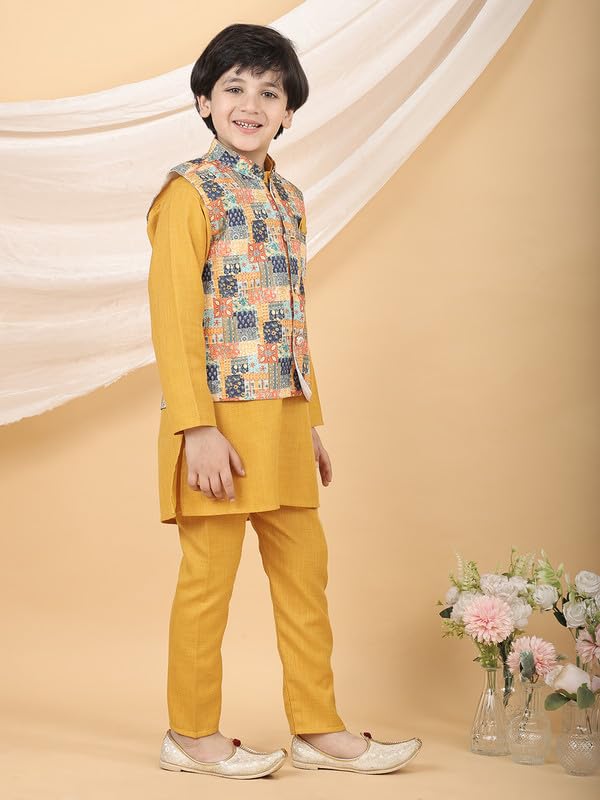 Image of superminis Boys Cotton Printed Full Sleeves Kurta Pyjama with Jacket Ethnic Wear Set
