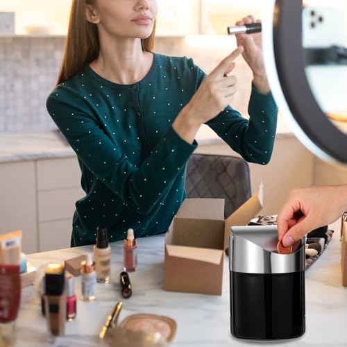 Image of Set of 2 Small Trash Can with Swing Lid - Black Stainless Steel Mini Garbage Can with Lid, Compact 4.72 inch x 4.72 inch x 6.3 inch Countertop Waste Bin for Office, Bathroom & Kitchen