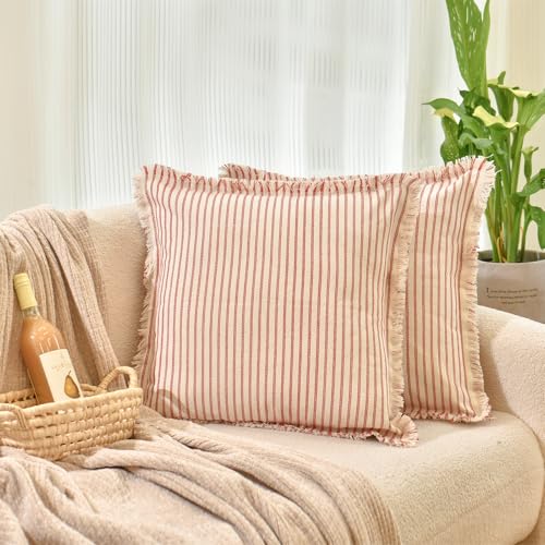 Image of ZWJD Red Throw Pillow Covers 18x18 Set of 2 Striped Pillow Covers with Fringe Chic Cotton Decorative Pillows Square Cushion Covers for Sofa Couch Bed Living Room Farmhouse Decor