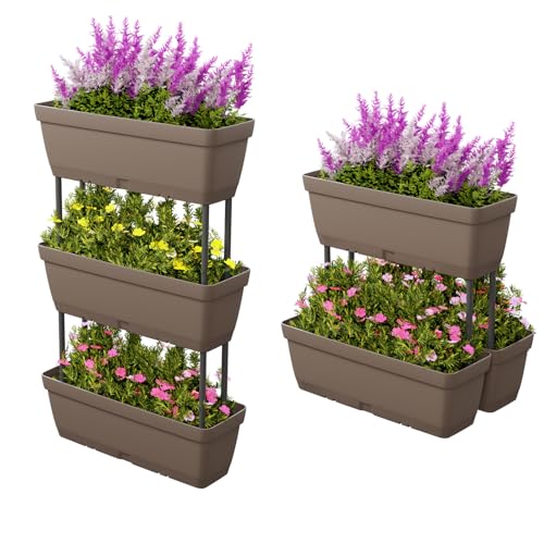 COSTWAY 6 Stück Blumenkästen, DIY-Design, 49 cm lang, Pflanzkästen mit Drainagesystem, Vertikales Hochbeet, Pflanzkübel für Garten Terrasse Balkon, Blumentöpfe aus Kunststoff (Grau)