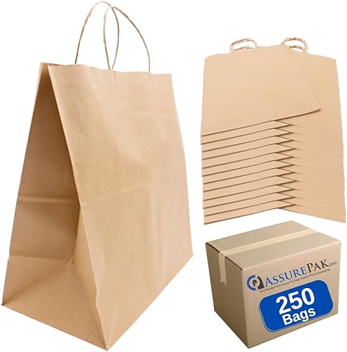 Bolsas de papel  Bolsas con asa  Color Kraft  13 x 7 x 13 pulgadas  250 bolsas  Base de peso de 65 libras (3.53ozm fuerte), mango trenzado