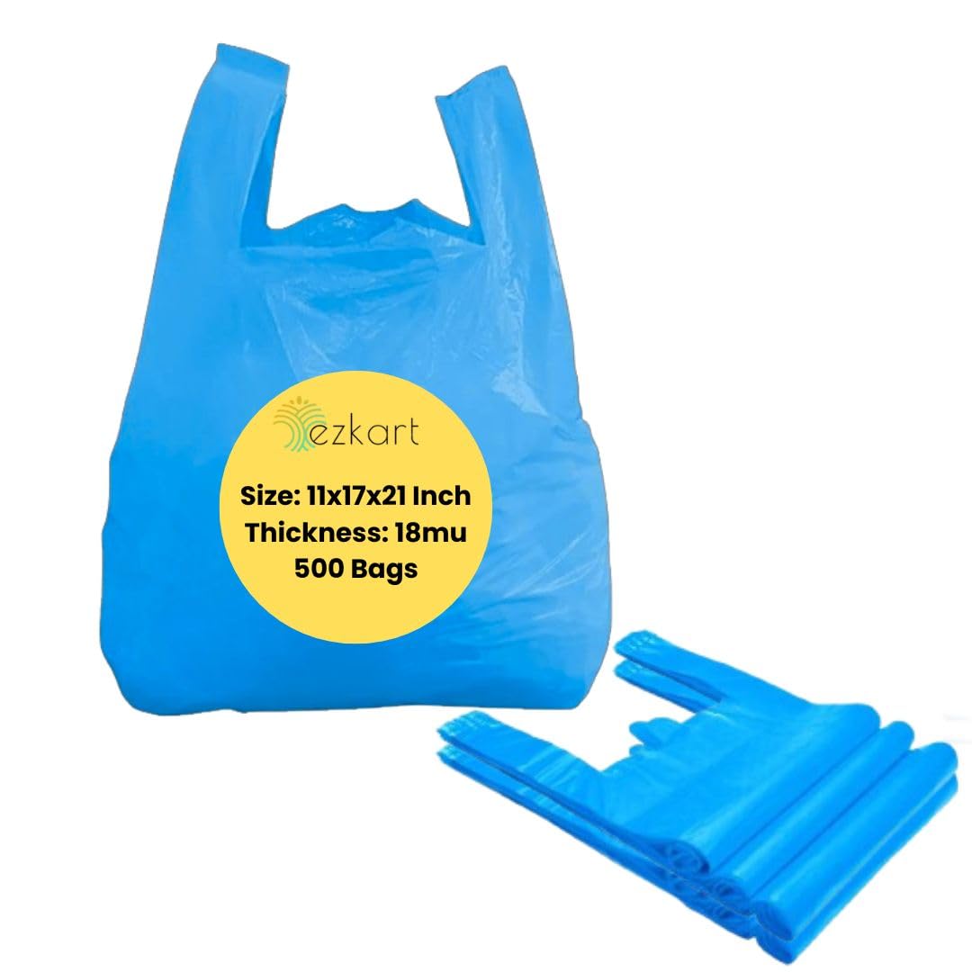 ezkart Pack of 500 Blue Plastic Carrier Shopping Bags Perfect for Groceries, Restaurants, and Daily Needs-22mu Thickness, Large Plastic Bags, Small Bin Dimension: 11x17x21 Inch