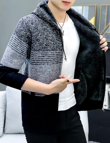 Image of Kinkia Men's Zip Up Hoodies Casual Long Sleeve Full Zipper Sherpa Fleece Lined Knit Cardigan Sweater Jacket with Pockets