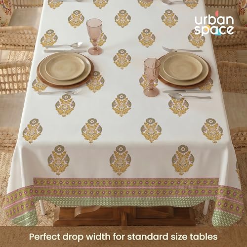 Image of Urban Space 100% Cotton Dining Table Cover 6 Seater, Jaipuri Handblock Cotton Table Cloth for Center Table, Dining Room Table Cover (Size 48 inch x 92 inch - 6 Seater, Amrapali Green)