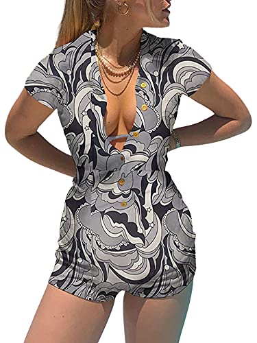 Achlibe Jumpsuit for Women Summer Short Sleeve V Neck Bodycon Jumpsuit Romper Overalls Y2k Romper (Grey, L)