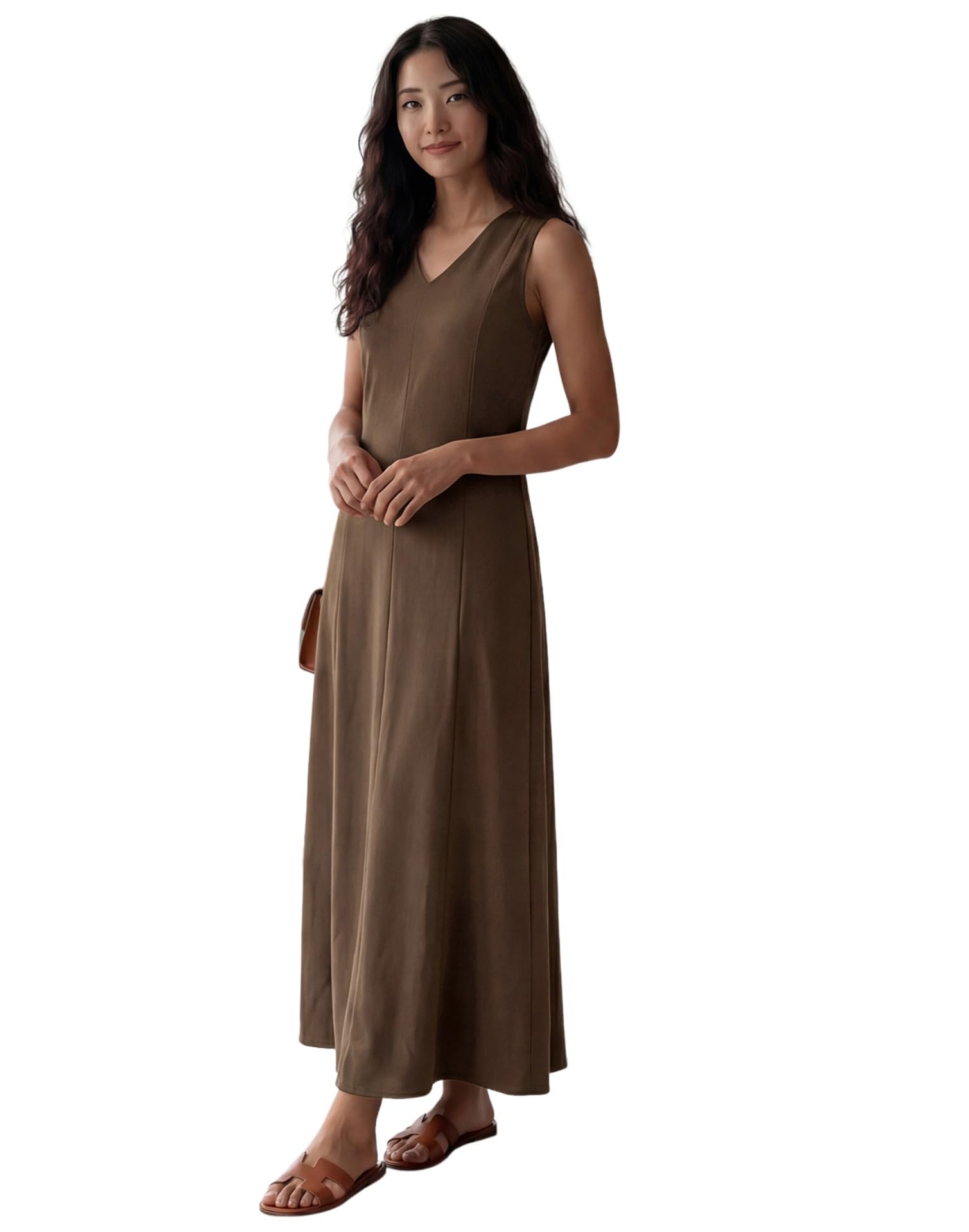 selvia Women Brown Solid V-Neck Sleeveless Maxi Dress-picture-38