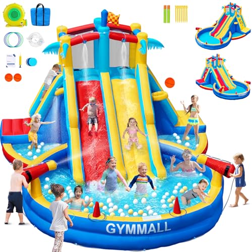 GYMMALL Castello Gonfiabile scivolo acquatico ventilatore 550W, centro gioco acquatico gonfiabile piscina interno esterno doppio scivolo parete arrampicata canestro giardino cortile