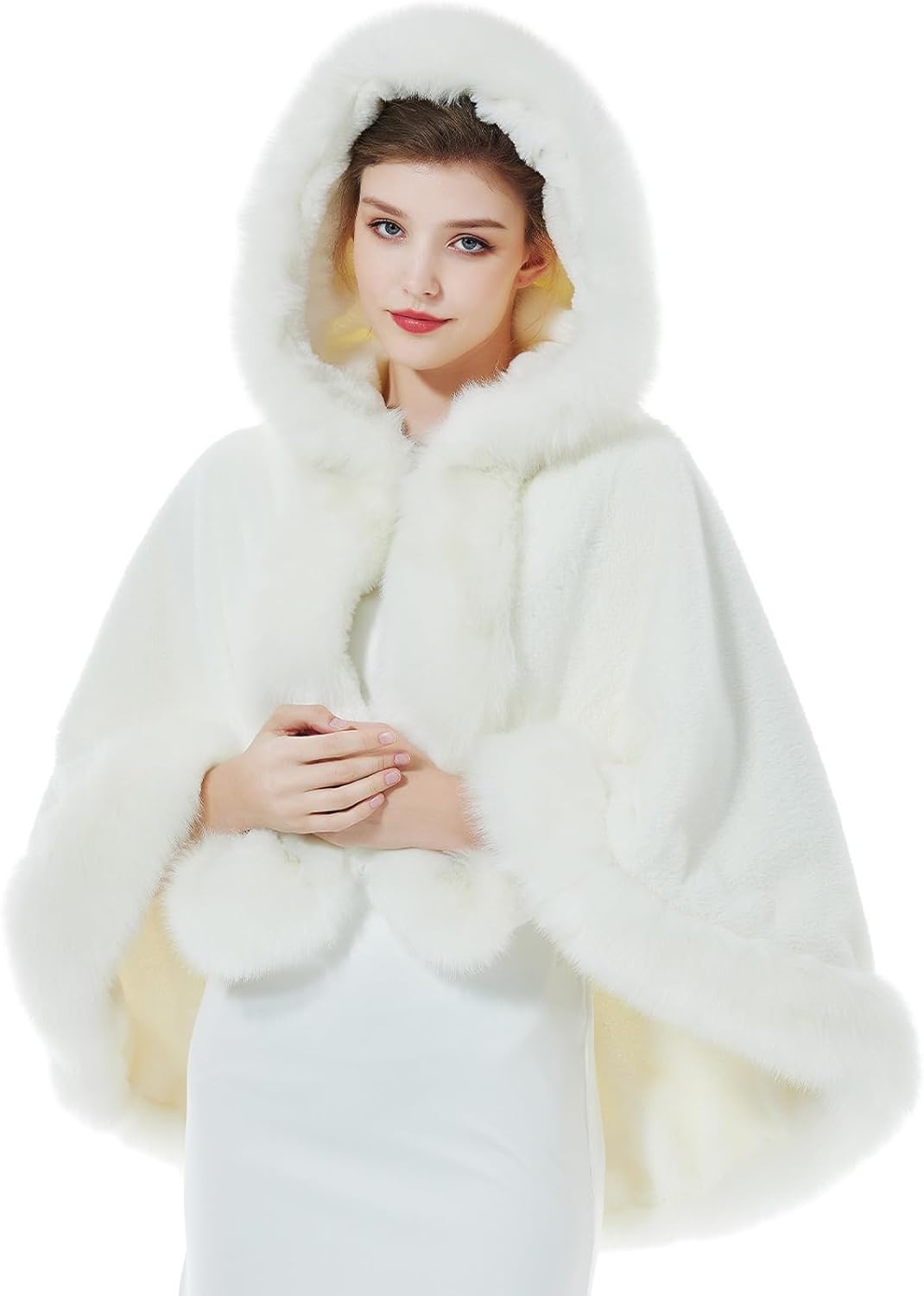 BEAUZSUZSANA Women Faux Fur Shawls Wraps Bridal Fur Stoles Cloak Coat Fur Trimmed Cape Poncho for Party Wedding Bridal