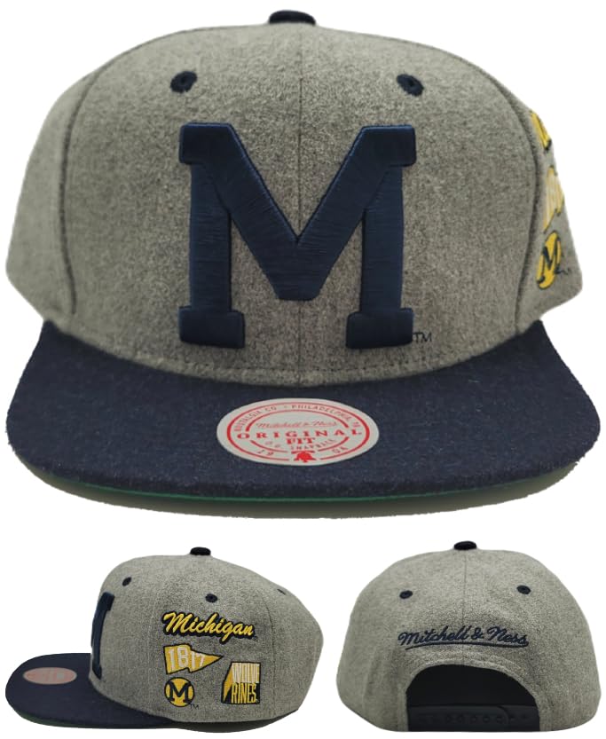 Casquette snapback homme Michigan Wolverines Mitchell & Ness chapeau gris bleu pour fan de basket