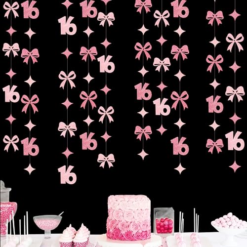 Image of Glitter Pink 16th Bow Birthday Decorations Hot Pink Conquette Bow Garland Streamer Banner Backdrop for Girls Boys Happy 16th Birthday Sweet Sixteen Cheers to 16 Years Old Anniversary Party Supplies