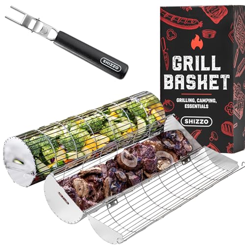 Rolling Grill Basket, New Opening Design, Extra Sturdy Cylinder Grilling Basket, Food Grade Stainless Steel, Large Portable Outdoor Camping accessories BBQ Net Rack, Cooking Griller for Fish, Vegetables, and More - Gifts for Men Dad Husband - Set of 2