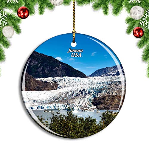 Weekino USA America Juneau Mendenhall Glacier Alaska Christmas Xmas Tree Ornament Decoration Hanging Pendant Decor City Travel Souvenir Collection Double Sided Porcelain 2.85 Inch