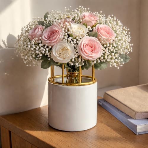 Image of Art Street Ceramic Vase with Gold Metal Finish | White Flower Pot for Home | Living Room, Bedroom and Office Decor | Vase for Gift | Size (7x3 Inch)